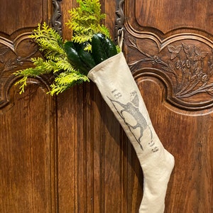Running Horse Grainsack Christmas Stocking, Neutral grain sack winter holiday decor, Primitive peg hanger, Simple living, Prim Mantle Decor