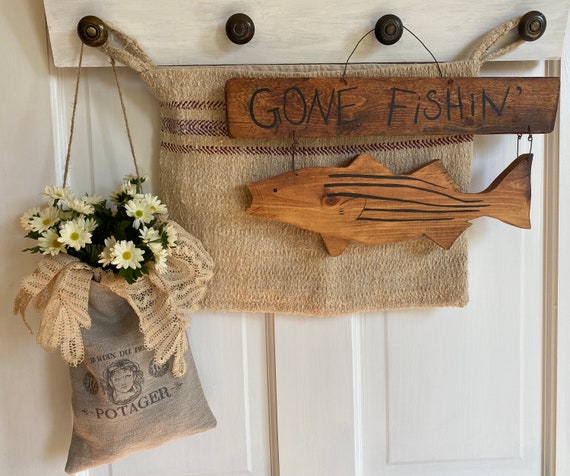 Lake Cabin Decor, Gone Fishing Wood Sign, Hand Made Trout Door Hanger,  Rustic Fish Peg Rail Hanger, Fishing Gift for Dad 