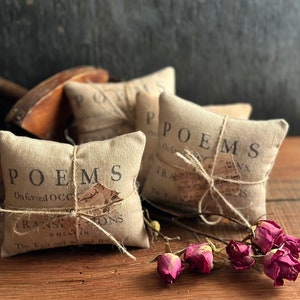 May include: Several small, square, beige pillows with the word "POEMS" printed on them in black. The pillows are tied with twine and have a small, decorative tag. A few dried, red roses are in the foreground.