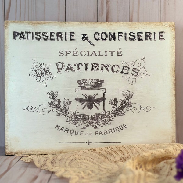 French Patisserie – Confiserie, French Pastry – Confectionery Shop Sign on Salvaged Pine Wood, Distressed French Country Sign, Rustic Decor