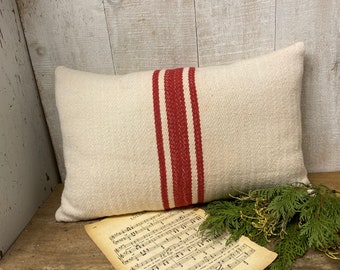 Antique Grain sack Pillow with Red Stripes, Rustic French Farmhouse Decor, Primitive Country Home Decor, Cozy Vintage Beach Cottage