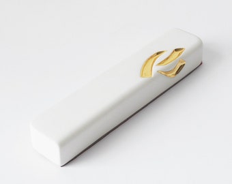 White Ceramic Mezuzah Case, 24k Gold, Made in Israel, Modern Mezuzah Case, jewish gift, modern minimalist, home decor Judaica, israel art