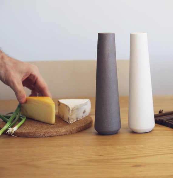 Salt and Pepper Shakers, White Ceramics and Lava Stone, Modern