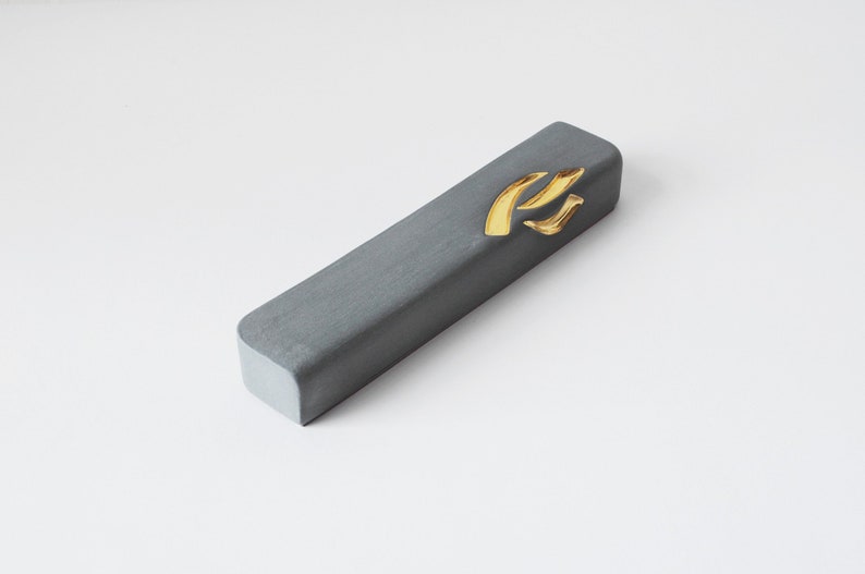 Mezuzah, Grey Mezuzah, Gold, Modern Mezuzah case, Judaica, ceramic mezuzah case, made in Israel, home decor judaica, minimal modern image 1