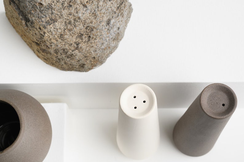 Salt and Pepper Shakers, white ceramics and lava stone, modern minimalist kitchen decor, modern tableware, kitchen accessories, for the home image 3