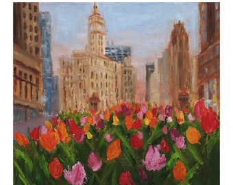 Original Oil Painting, "Spring in Chi-town, #2", 10"x10", Chicago Painting, Original Artwork, Oil on panel, Chicago Art, Chicago Cityscape