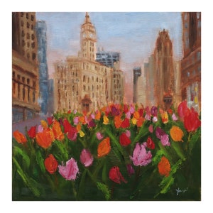 Original Oil Painting, "Spring in Chi-town, #2", 10"x10", Chicago Painting, Original Artwork, Oil on panel, Chicago Art, Chicago Cityscape