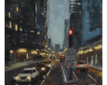 Original Chicago Cityscape Oil Painting: "Glimpse on Michigan Ave", 10"x10", Original Art, Chicago Artwork, Chicago Painting