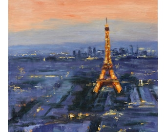 Original Paris Eiffel Tower Oil Painting: "Parisian Glow", 12"x12"