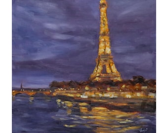 Original Oil Painting, "Evening Glow Over the Seine", 12"x12", Paris Oil Painting, Original Paris Artwork, Paris Art, Eiffel Tower, Paris