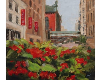 "Original Ölgemälde, ""Summer Reds and thelibrary"", 10"x10", Chicago Kunst, Chicago Stadtbild,"