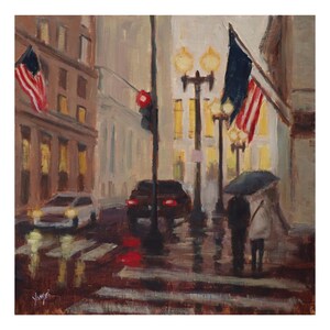Original Oil Painting, 10&quot;x10&quot;, &quot;echoes in the rain&quot;, Chicago Oil Painting, Original Artwork, Chicago art, Downtown Chicago