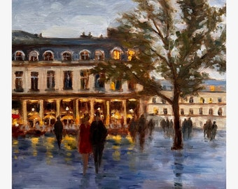 Original Painting, 12"x12", "Evening Stroll in Paris", Paris Oil Painting, Original Paris Artwork, Oil on panel, Paris Artwork, Rainy Paris