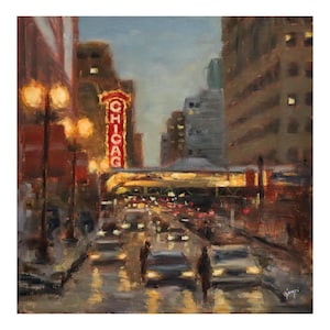 Original Painting, 12&quot;x12&quot;, &quot;Evening Glimmer on State&quot;, Oil Painting, Original Cityscape Artwork, Chicago Artwork, Evening Chicago, Chicago