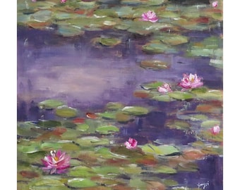 Original Oil Painting: "Pink Water Lilies", Water lily Pond Art, 10"x10"