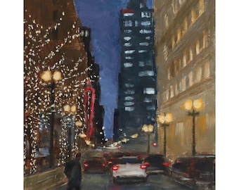Chicago Oil Painting: "Evening in December", 10"x8", Cityscape Art, Original Art, Chicago Loop Painting