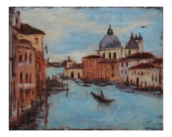 Dipinto ad olio originale, "Un momento veneziano", Dipinto ad olio di Venezia, Opera d'arte originale, Arte veneziana, Dipinto italiano, 20x25 cm, Olio su tavola
