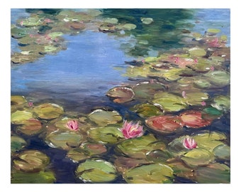 Original Painting, "Summer Pond", 8"x10", Oil on panel, Waterlily Oil Painting, Original Artwork, Water lilies art, Water lilies Painting