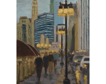 Chicago Oil Painting: "Evening Walk on Wacker Drive" - Original Cityscape Art, 12"x9"