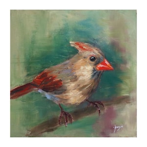 Original Oil Painting, Female Cardinal, 8&quot;x8&quot;, Northern Cardinal Painting, Original Artwork, Bird Art, Bird Oil Painting