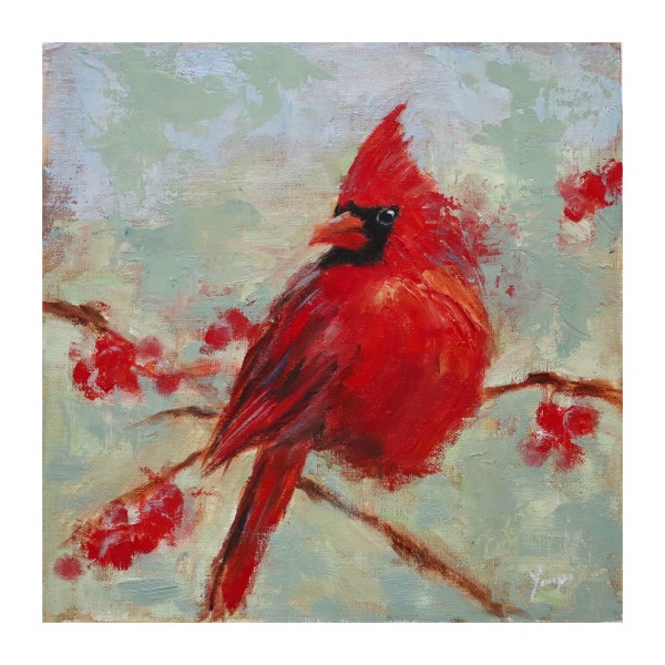 Original Oil Painting, Cardinal, 8"x8", Northern Cardinal Painting, Original Artwork, Oil on panel, Bird Art, Bird Oil Painting, Bird Gift