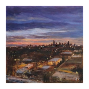 Original Painting, 12&quot;x12&quot;, &quot;A Sunset View from Hyde Park&quot;, Oil Painting, Original Cityscape Artwork, University of Chicago, Chicago Skyline