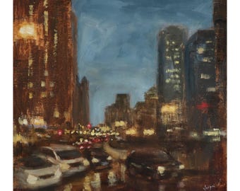 Chicago Cityscape Oil Painting: "City Pulse", 10"x10", Rainy Evening, Original Art