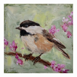 Spring Chickadee Oil Painting, Original Bird Art (8&quot;x8&quot;)