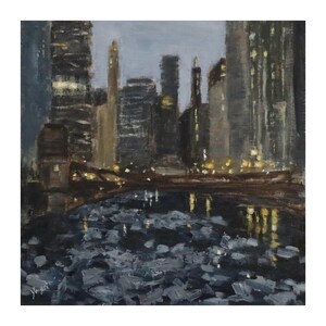 Original Oil Painting, &quot;Chilled Dusk&quot;, 10&quot;x10&quot;, Chicago Painting, Original Artwork, Chicago Cityscape, Chicago Skyline, Chicago River Winter