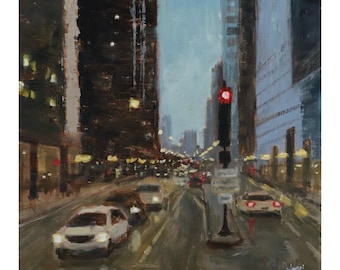 Original Chicago Cityscape Oil Painting: "Moment on Michigan Ave", 10"x10", Original Art, Chicago Artwork, Chicago Painting