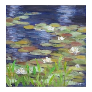 Original Ölgemälde, 10 &quot;x 10 &quot;&quot;weiße Seerosen&quot;, Seerosenteich Gemälde, Originale Kunst, Seerosen Kunst, Seerosen Gemälde.&quot;