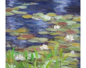 Original Oil Painting, 10"x10","White Water Lilies", Water lily pond painting, Original Artwork