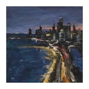 Original Oil Painting, &quot;Glow Over Lake Shore Drive&quot;, 10&quot;x10&quot;, Chicago Painting, Original Artwork, Chicago Cityscape, Chicago Skyline