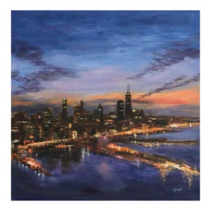 Original Painting, 12&quot;x12&quot;, &quot;Chicago Dusk Illumination&quot;, Oil Painting, Original Cityscape Artwork, Chicago Skyline, Chicago Cityscape