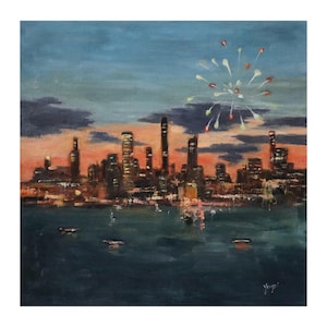 Original Painting, 12&quot;x12&quot;, &quot;Chicago Spark and Glow&quot;, Oil Painting, Original Cityscape Artwork, Chicago Skyline, Chicago Cityscape, Firework