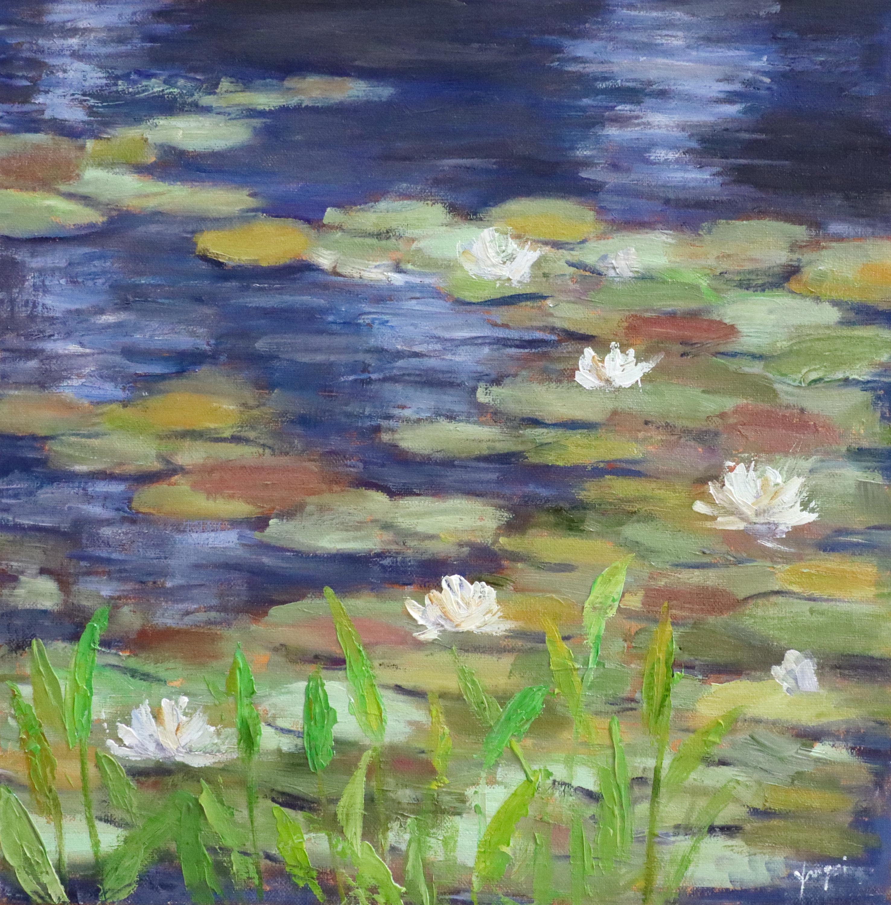 オリジナル油絵、10インチ×10インチ、「白い睡蓮」、睡蓮の池の絵