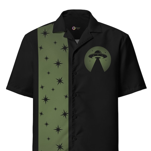 Cosmic Odyssey 1950s Inspired Original Bowling Shirt Black & Drab Green with Landing Space Ship sizes 2XS to 6X Rockabilly Clothes for Men