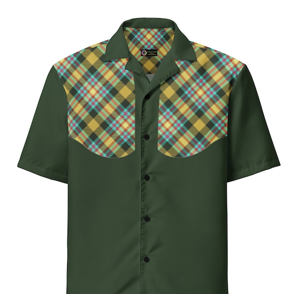 Retro Green & Plaid Mens Bowling Shirt "Backseat Bingo" Vintage 50s 60s Style Button Down Shirt in sizes 2XS to 6X