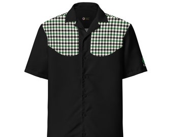 Retro Mod Men's "You Lucky Dog" Houndstooth Button Down Short Sleeve Shirt in Black, Green & Cream with Four Leaf Clover sizes 2XS to 6X