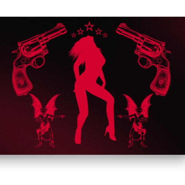 12x18 inch "The Devil's Right Hand" Art Print Poster Red & Black Art Noir / Wild West Wall Decor Femme Fatale, Dual Pistols, Mirrored Devils