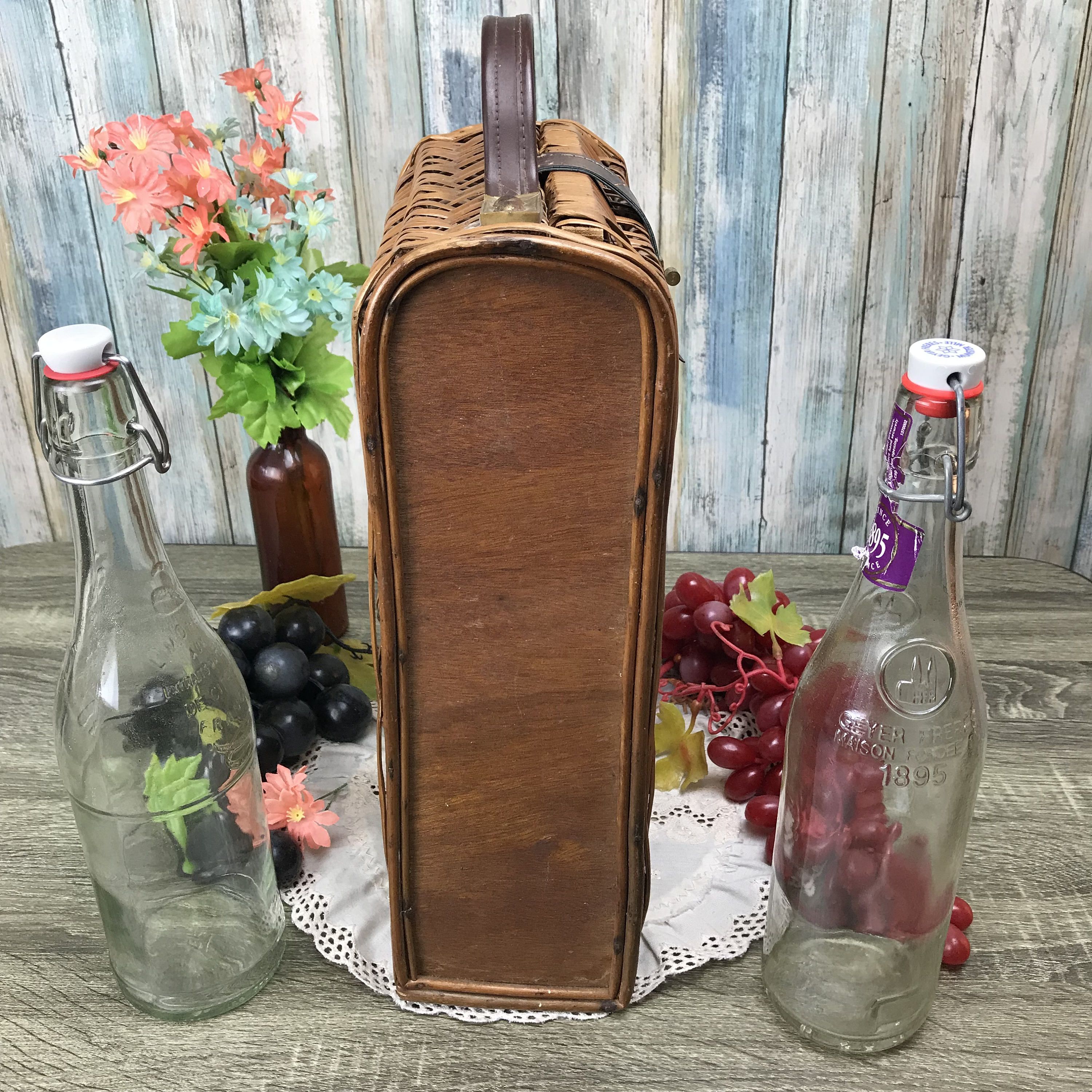 Wicker Wine Carrier Vintage Picnic Basket Rustic Wine