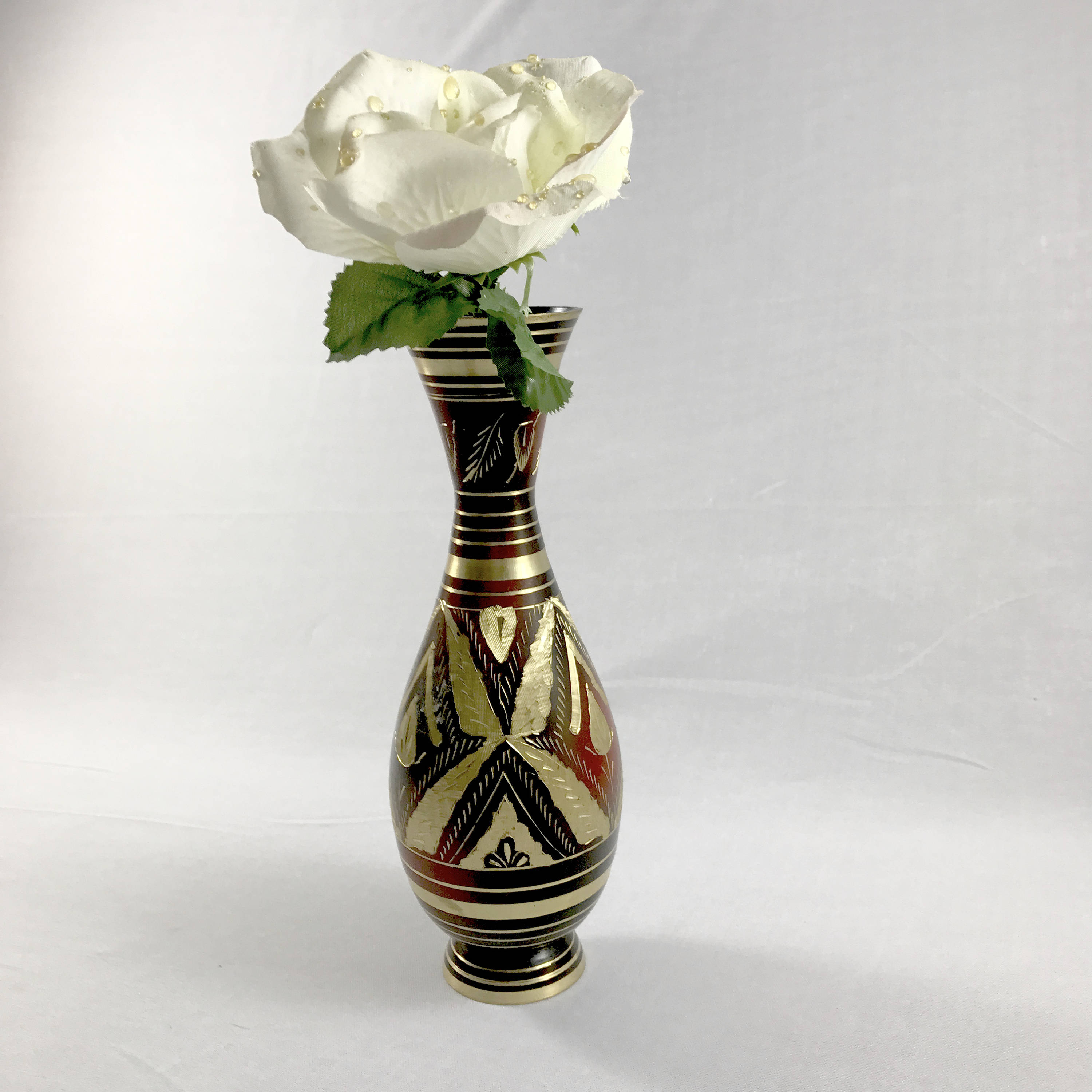 Indian Brass Bud Vase Painted Feather Etched Red Black