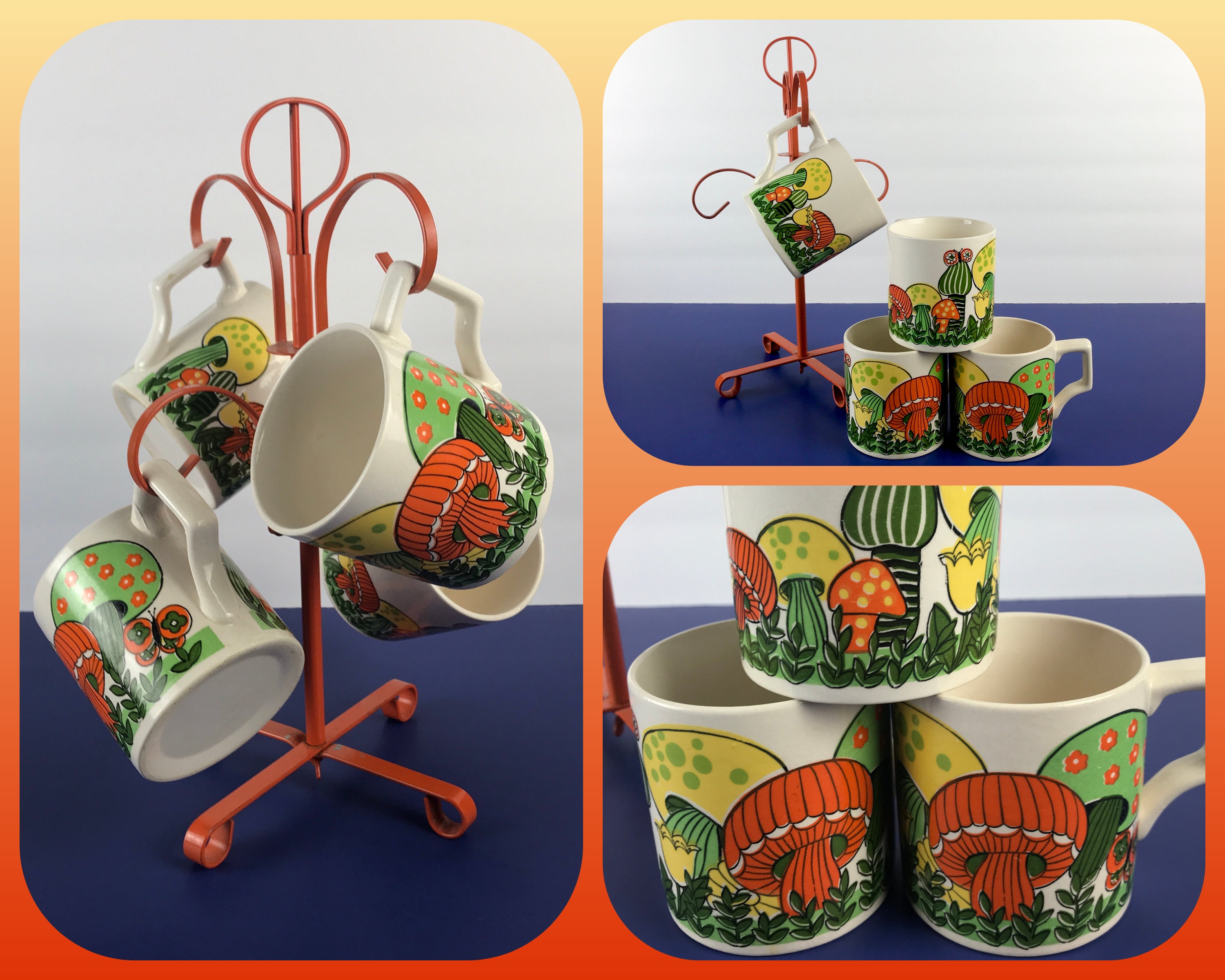 Retro Mushroom Coffee Cups Mug Tree Vintage Mushrooms Kitchen