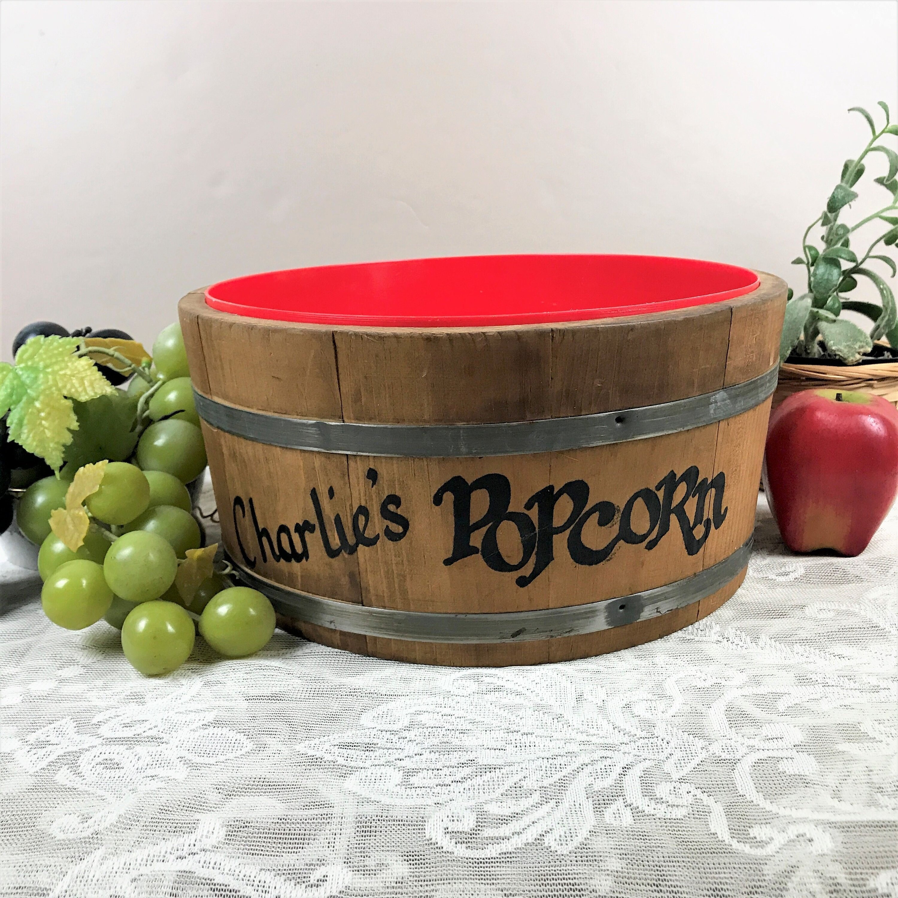 Reserved Charlie S Popcorn Bucket Vintage Wooden Barrel Style Reserved Charlie S Popcorn Bucket Vintage Wooden Barrel Style Bowl Inner Red Plastic Liner Large Rustic Wood Planter