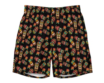 Tiki Time Men's Black Swim Trunks with Vibrant Colorful Tiki Gods in sizes 2XS to 6X - Fun Retro Tiki Swim Shorts w/ Pockets & Anti-Chafing