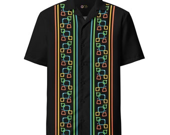 Don't Be A Square Bowling Shirt 1950s Mid Mod Style w/ Blue, Green, Yellow, Orange Squares & Stripes in sizes 2XS to 6X