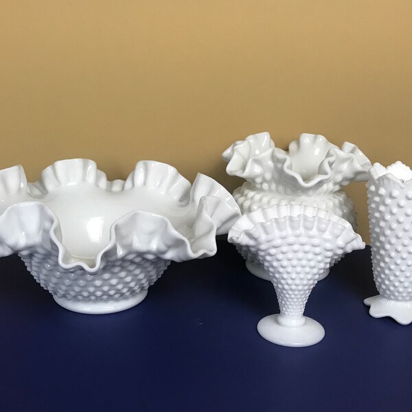 Vintage Fenton White Milk Glass Hobnail 4 pc. Centerpiece & Vase Collection - Fluted Bowl, Round Crimped Vase, Small Van Vase, Crown Top Lot