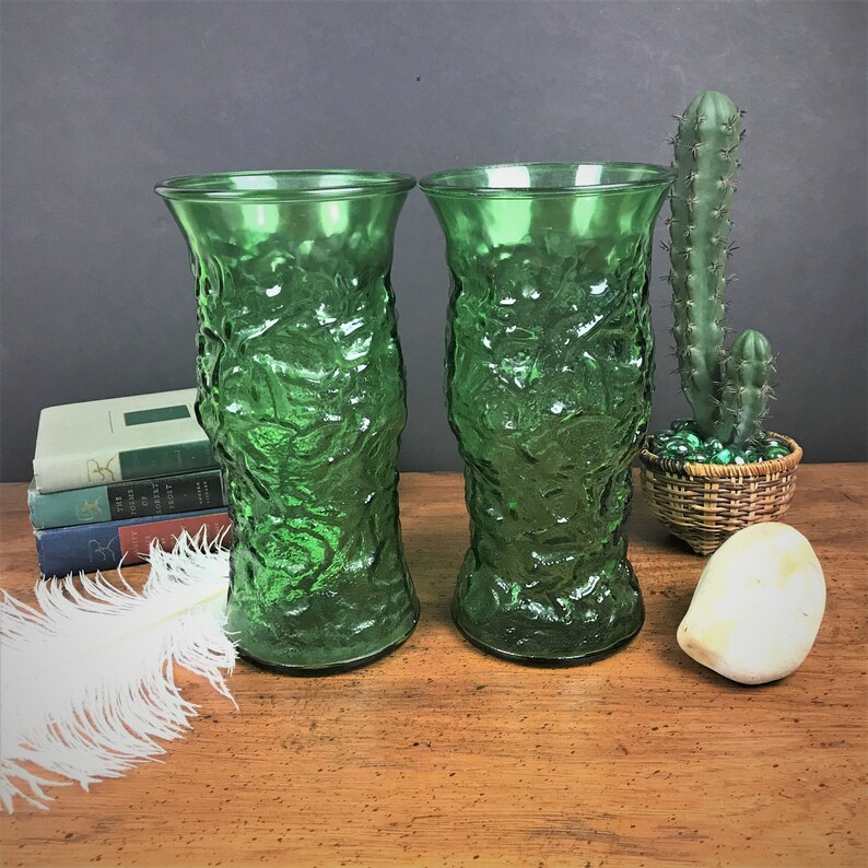 Pair of Vintage Green Crinkle Glass Vases EO Brody Co. | Etsy
