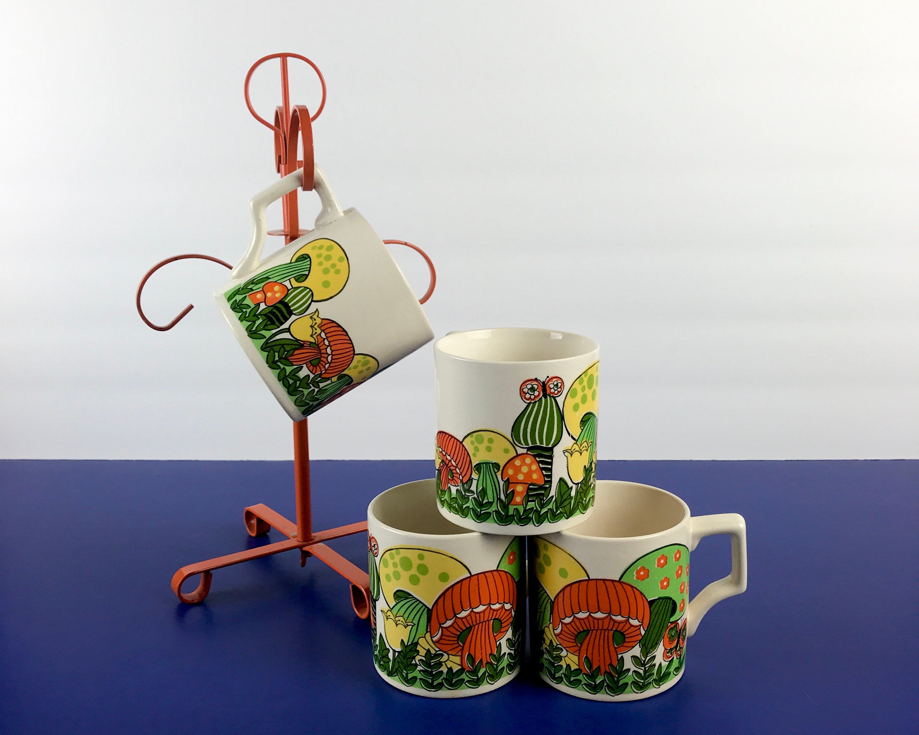 Retro Mushroom Coffee Cups Mug Tree Vintage Mushrooms Kitchen