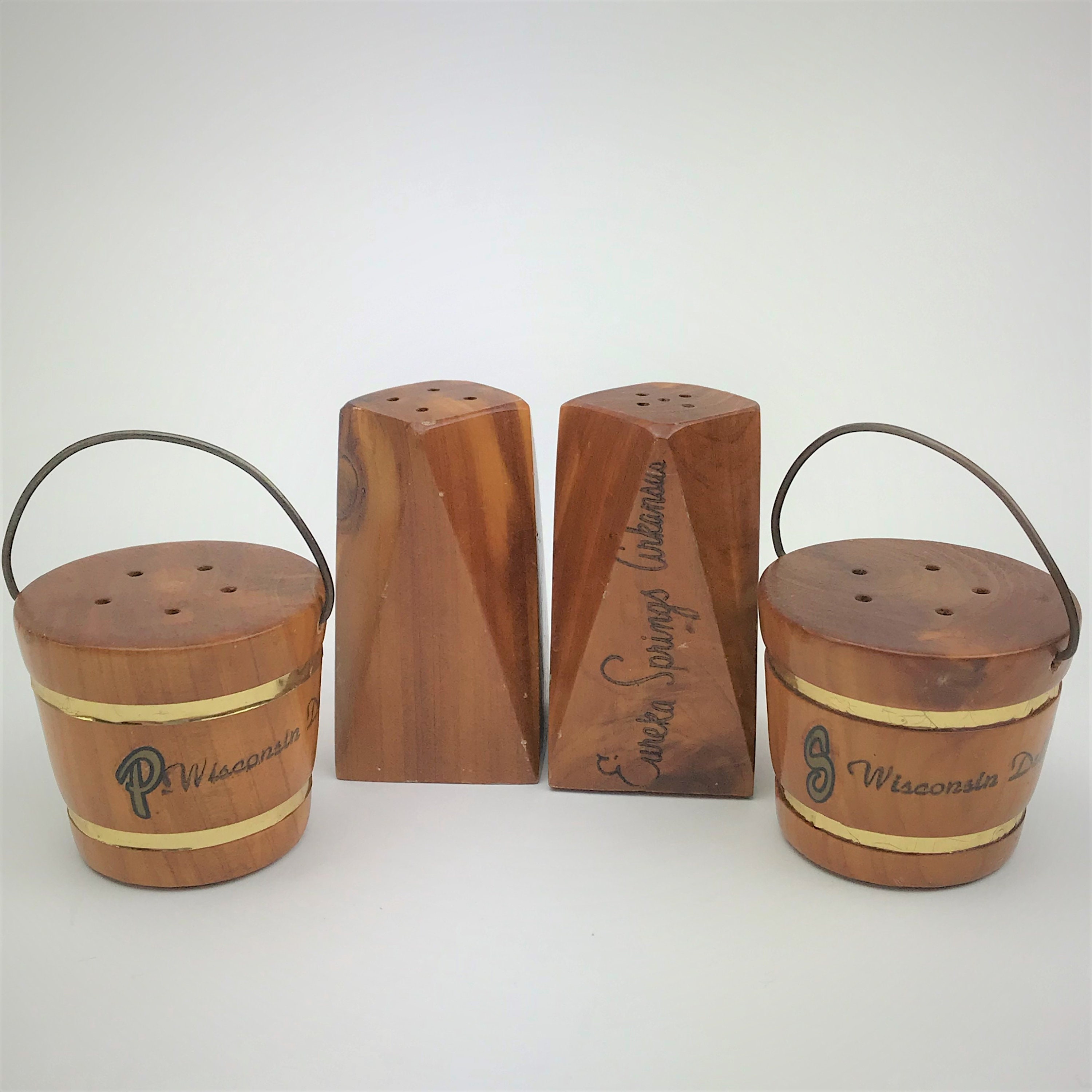 2 Vintage Wooden Salt Pepper Shaker Sets Water Buckets 2 Vintage Wooden Salt Pepper Shaker Sets Water Buckets Danish Modern Instant Collection Wisconsin Souvenirs 1960 S Kitsch